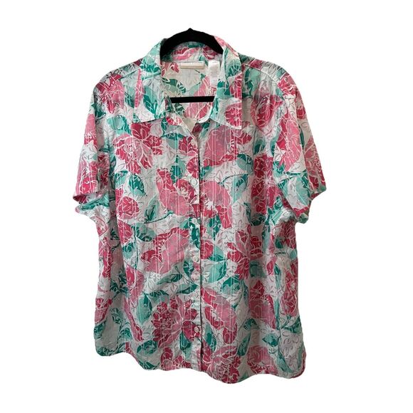 Alfred Dunner White Pink Teal Floral Hawaiian Striped Eyelet Button Top Size 20W - Picture 1 of 9